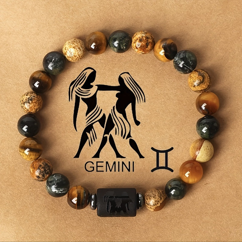 12 Zodiac Natural Stone Bead Bracelet Gemini twins with tiger eye and picture jasper beads