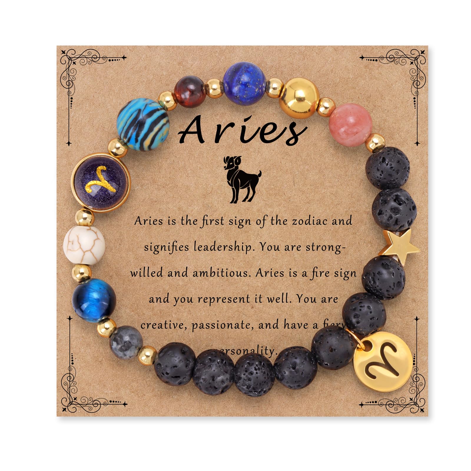 Zodiac Crystal Beaded Bracelet – Aries with ram charm, healing crystals and lava stones on kraft card