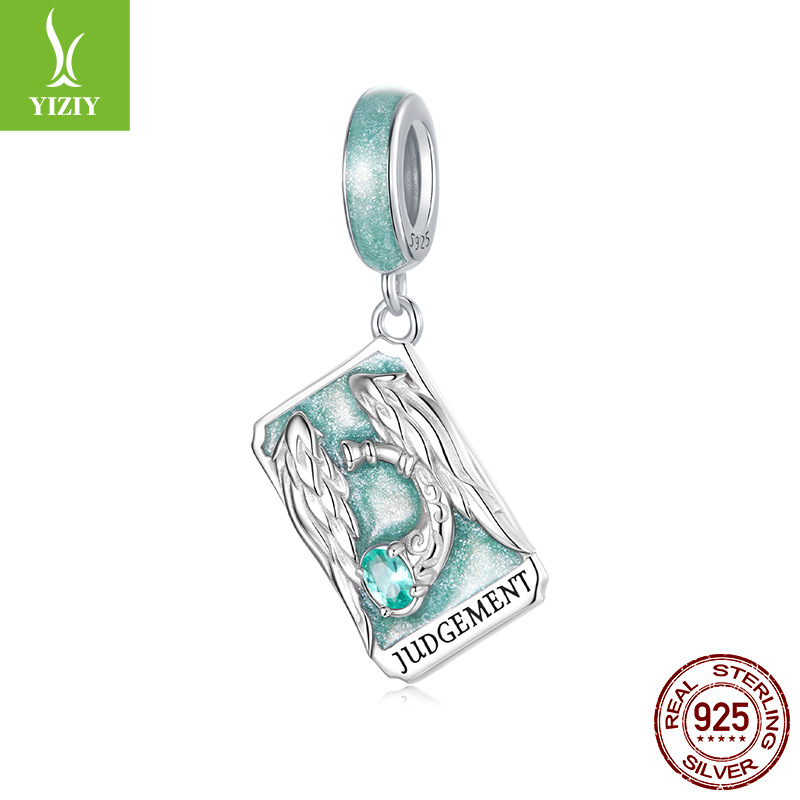 Tarot Silver Charm – Judgement card charm with teal enamel, angel wing horn and teal gemstone