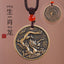 Zodiac Bagua Pendant – brass dragon coin among clouds, round pendant with dark patina background