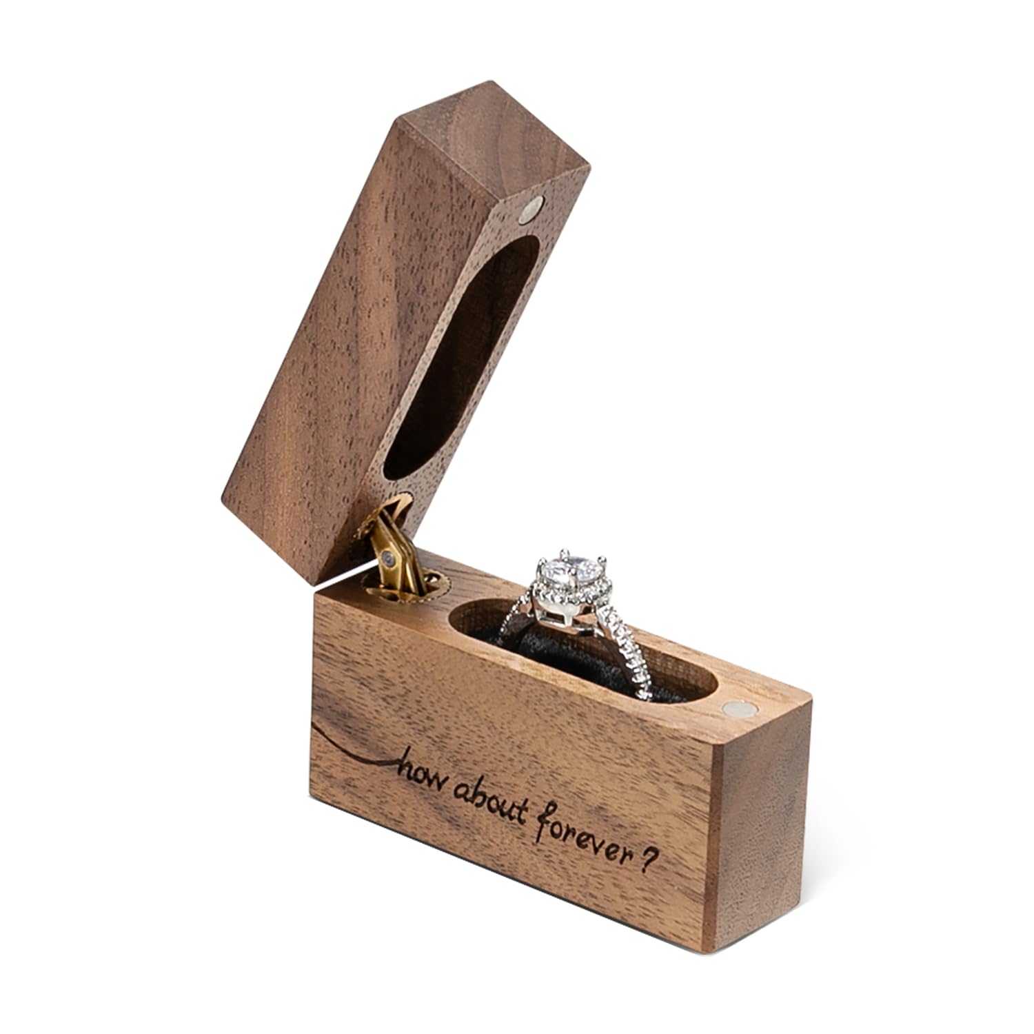 Slim Walnut Wood Ring Box – How About Forever engraved in handwritten script, minimalist romance