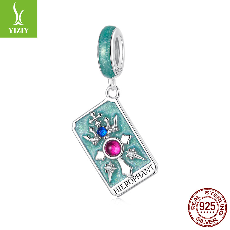 Tarot Silver Charm – Hierophant charm with teal enamel, magenta cabochon and blue accent stone