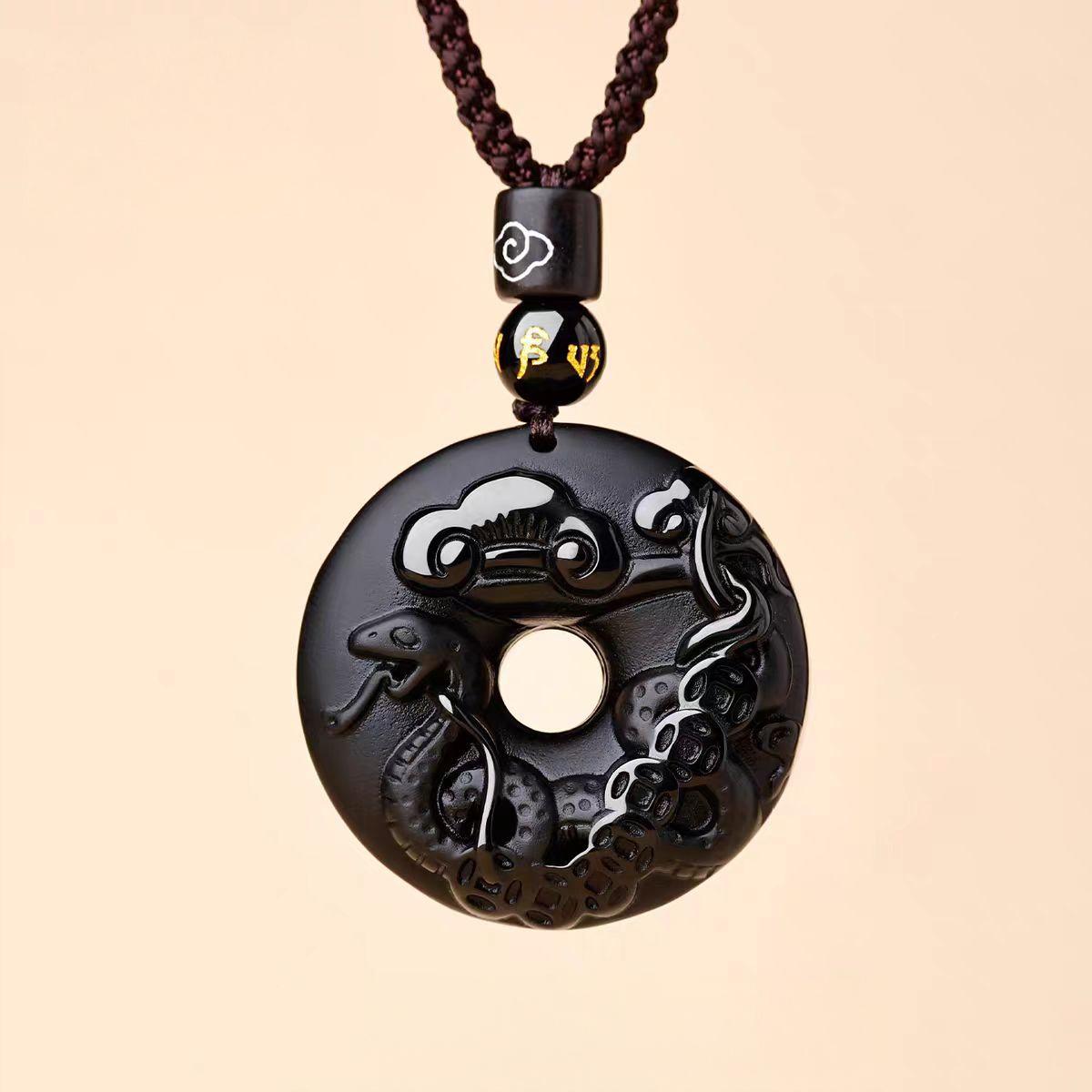 Black Obsidian Necklace – snake zodiac disc with clouds, mantra bead obsidian pendant