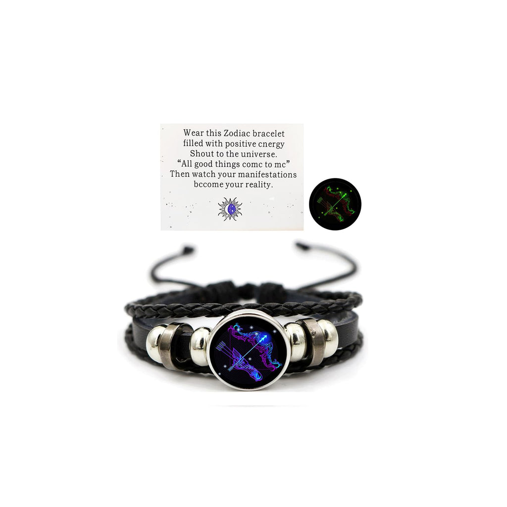 Zodiac Leather Wrap Bracelet – Sagittarius with archer charm and manifestation card, glow feature