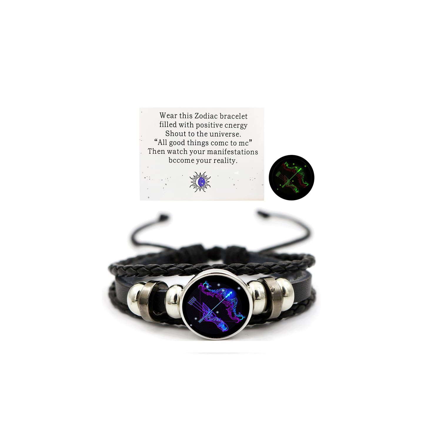 Zodiac Leather Wrap Bracelet – Sagittarius with archer charm and manifestation card, glow feature