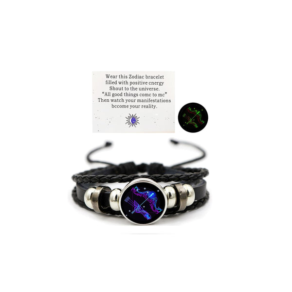 Zodiac Leather Wrap Bracelet – Sagittarius with archer charm and manifestation card, glow feature