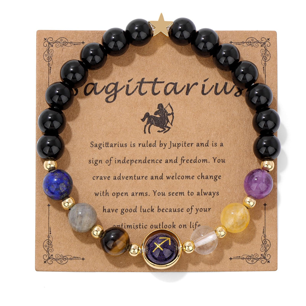 Zodiac Crystal Bracelet – Sagittarius on kraft card with centaur archer and healing stones