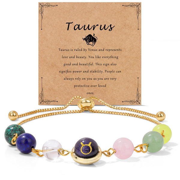 18K Gold Plated Zodiac Stone Bracelet – Taurus with bull symbol on kraft card, lapis stones