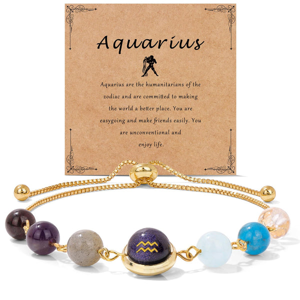 18K Gold Plated Zodiac Stone Bracelet – Aquarius with water bearer symbol on kraft card, blue stones