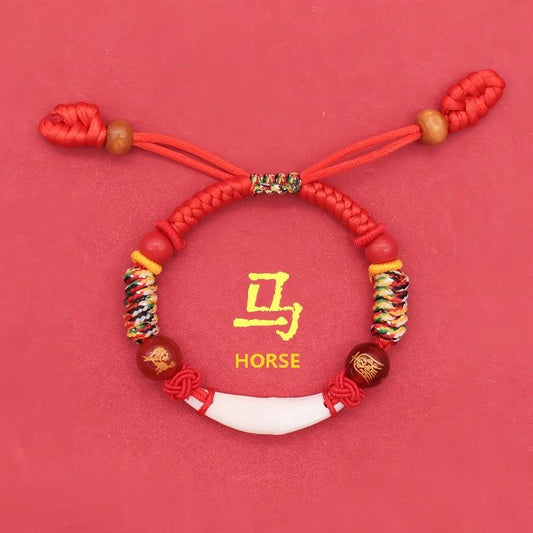 Kids Zodiac Bracelet – horse zodiac variant, adjustable red cords with wooden toggles, lucky gift