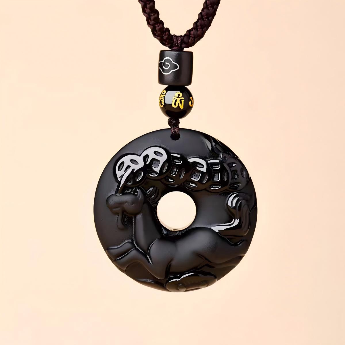Black Obsidian Necklace – horse zodiac disc with coin carving, brown cord protection amulet