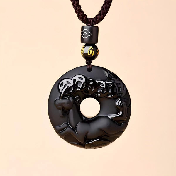 Black Obsidian Necklace – horse zodiac disc with coin carving, brown cord protection amulet