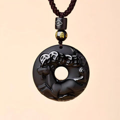 Black Obsidian Necklace – horse zodiac disc with coin carving, brown cord protection amulet