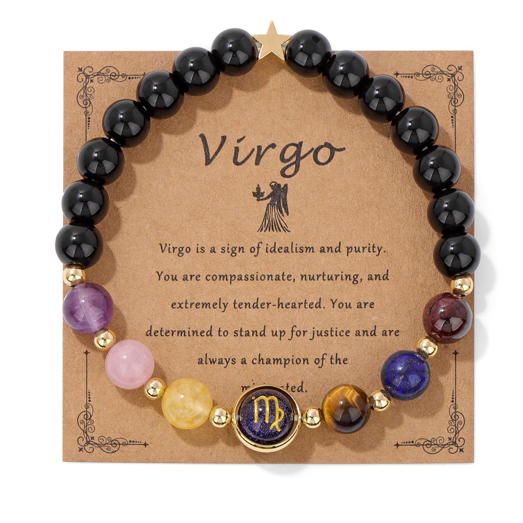 Zodiac Crystal Bracelet – Virgo on kraft card with maiden symbol and healing stones