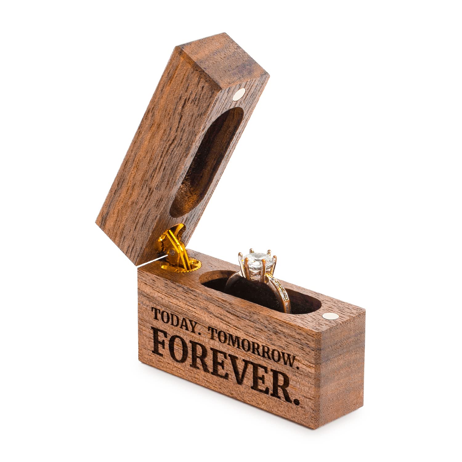 Slim Walnut Wood Ring Box – Today Tomorrow Forever engraved in bold capitals, timeless commitment