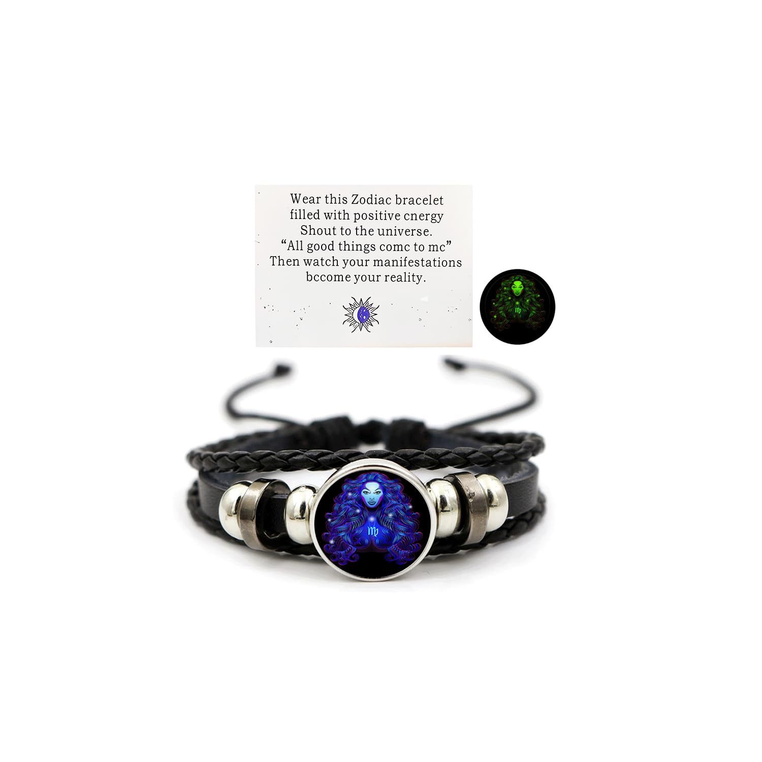 Zodiac Leather Wrap Bracelet – Virgo with maiden charm and manifestation card, glow feature