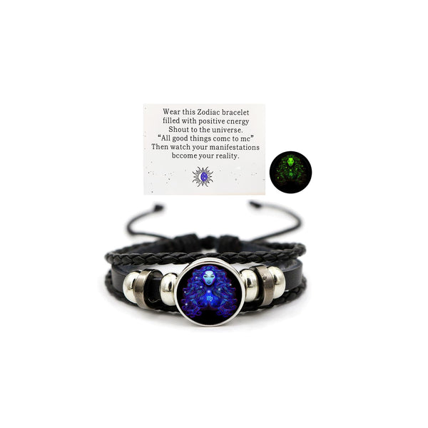 Zodiac Leather Wrap Bracelet – Virgo with maiden charm and manifestation card, glow feature