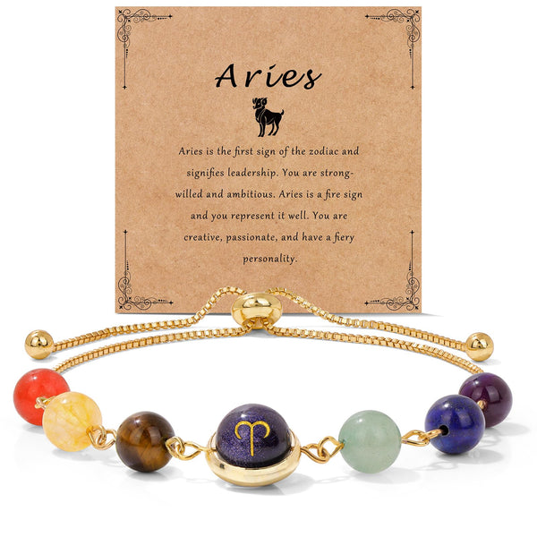 18K Gold Plated Zodiac Stone Bracelet – Aries with ram symbol on kraft card, tiger eye stones