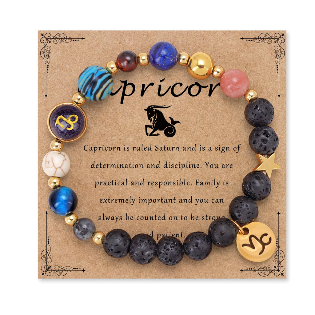 Zodiac Crystal Beaded Bracelet – Capricorn with sea-goat charm, healing crystals and lava stones