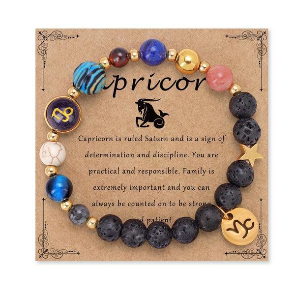 Zodiac Crystal Beaded Bracelet – Capricorn with sea-goat charm, healing crystals and lava stones