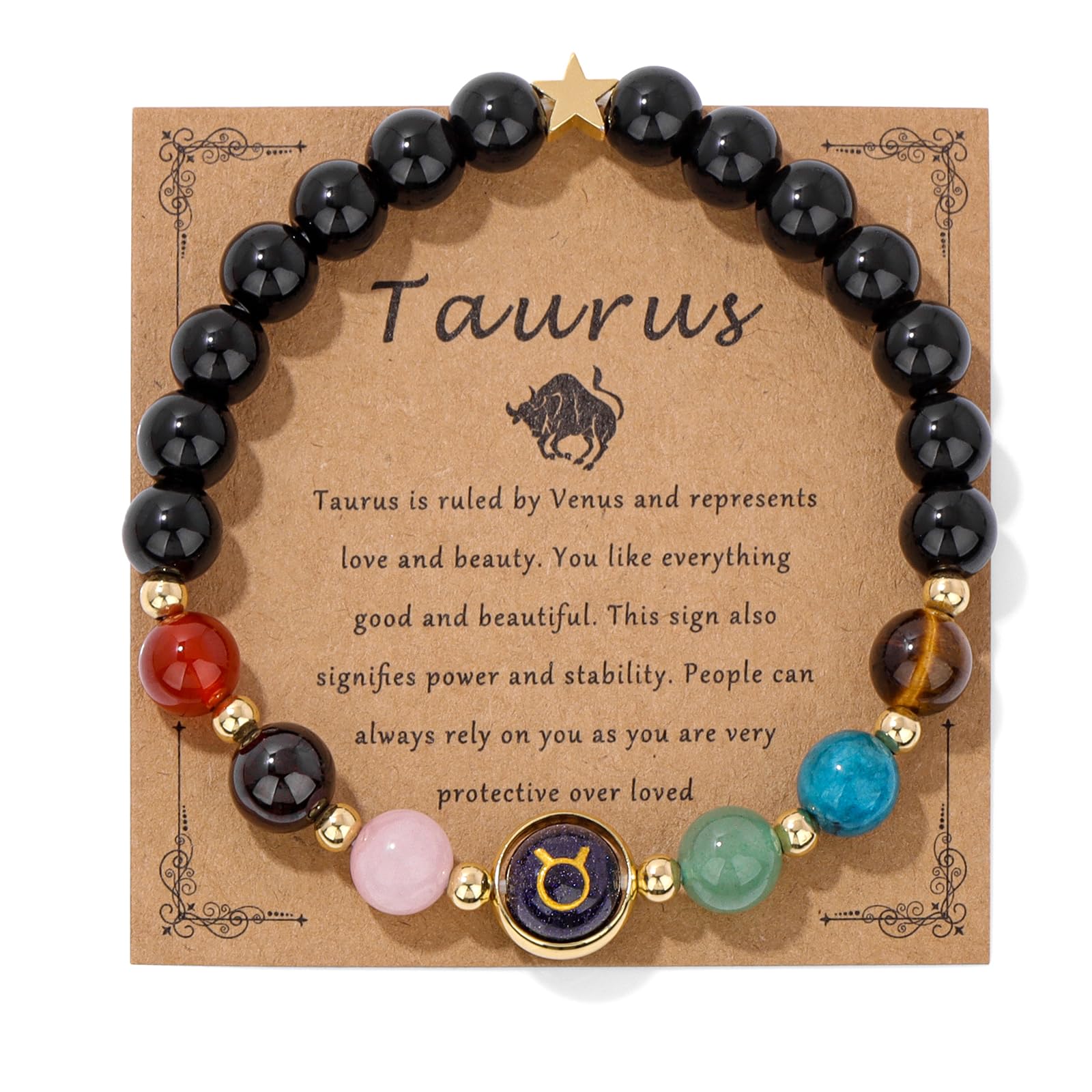 Zodiac Crystal Bracelet – Taurus on kraft card with bull symbol and healing stones