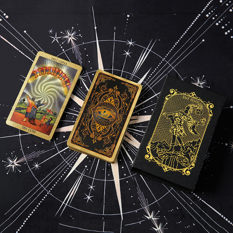 Waterproof Tarot Deck – Black drawstring pouch with gold celestial sun design, tarot storage bag