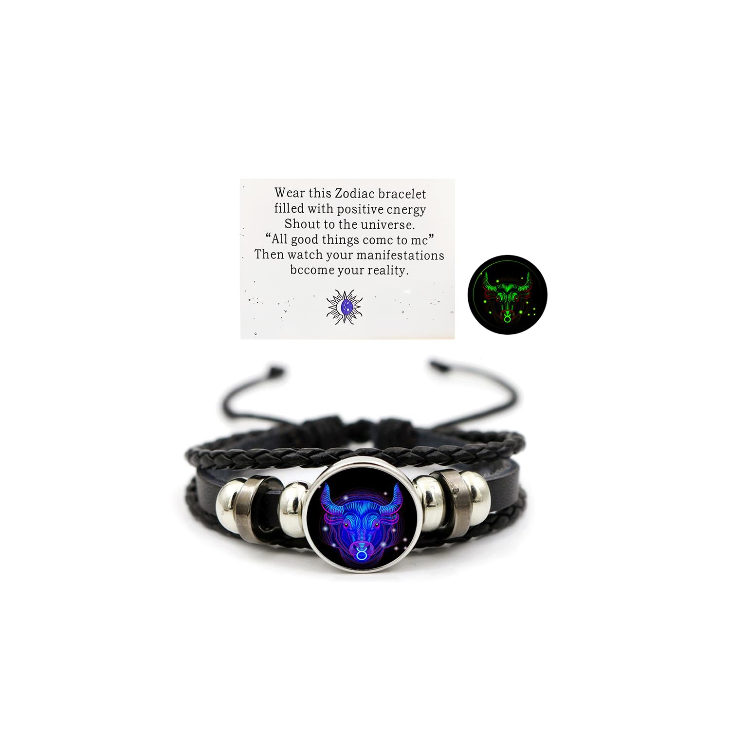 Zodiac Leather Wrap Bracelet – Taurus with bull charm and manifestation card, glow feature