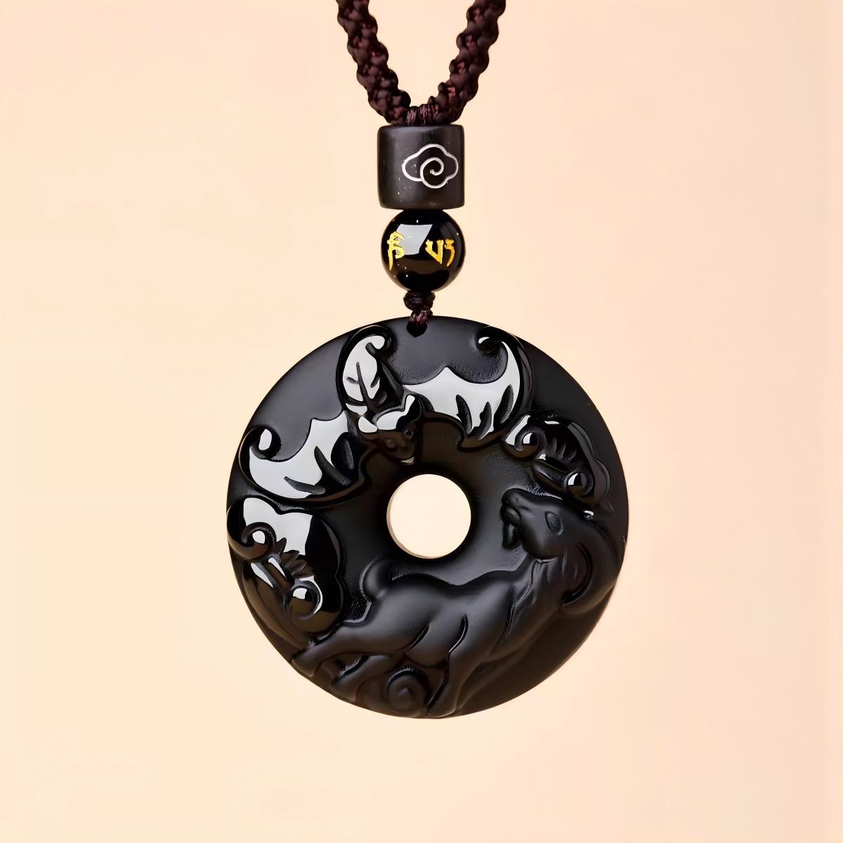 Black Obsidian Necklace – goat zodiac disc with bat cloud, zodiac protection pendant