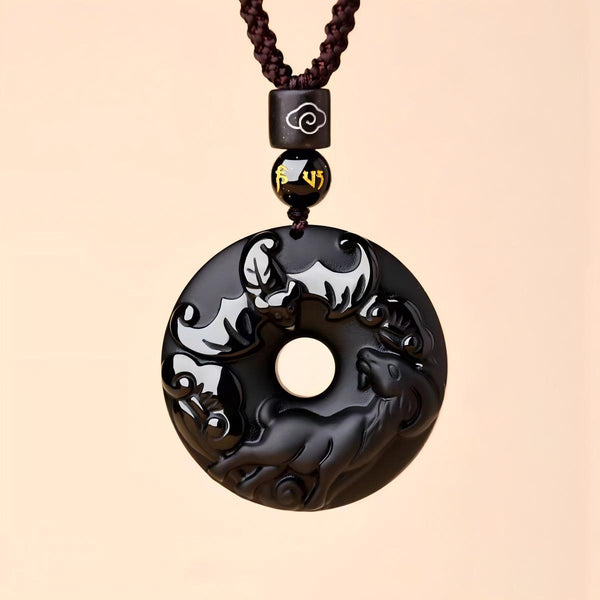 Black Obsidian Necklace – goat zodiac disc with bat cloud, zodiac protection pendant