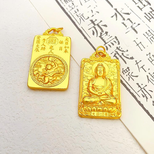 Buddha Zodiac Pendant – monkey gold plate with Vairocana, protective Buddha pendant