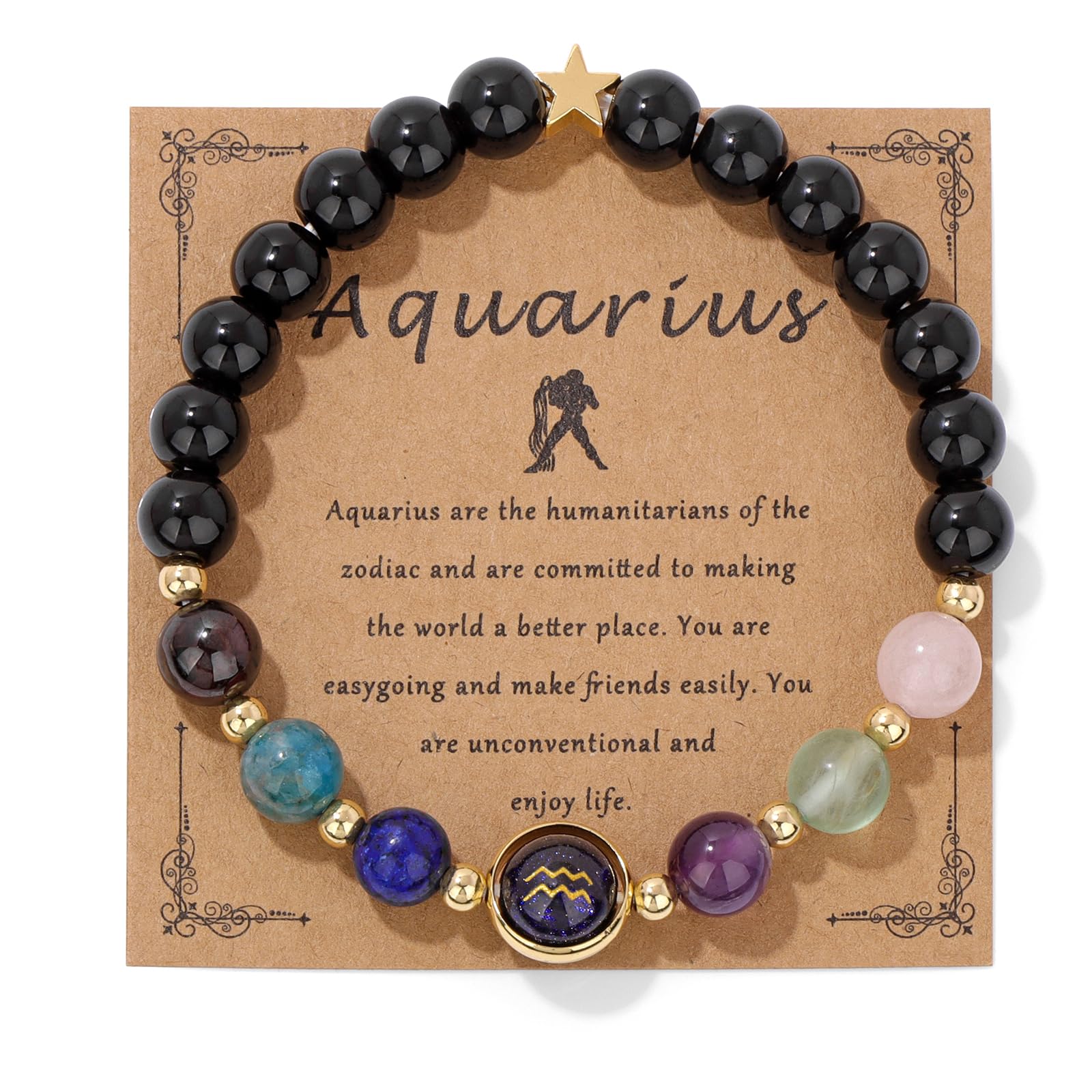Zodiac Crystal Bracelet – Aquarius on kraft card with water bearer symbol and healing stones