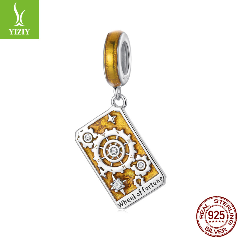 Tarot Silver Charm – Wheel of Fortune charm with gold enamel, interlocking gears and crystals