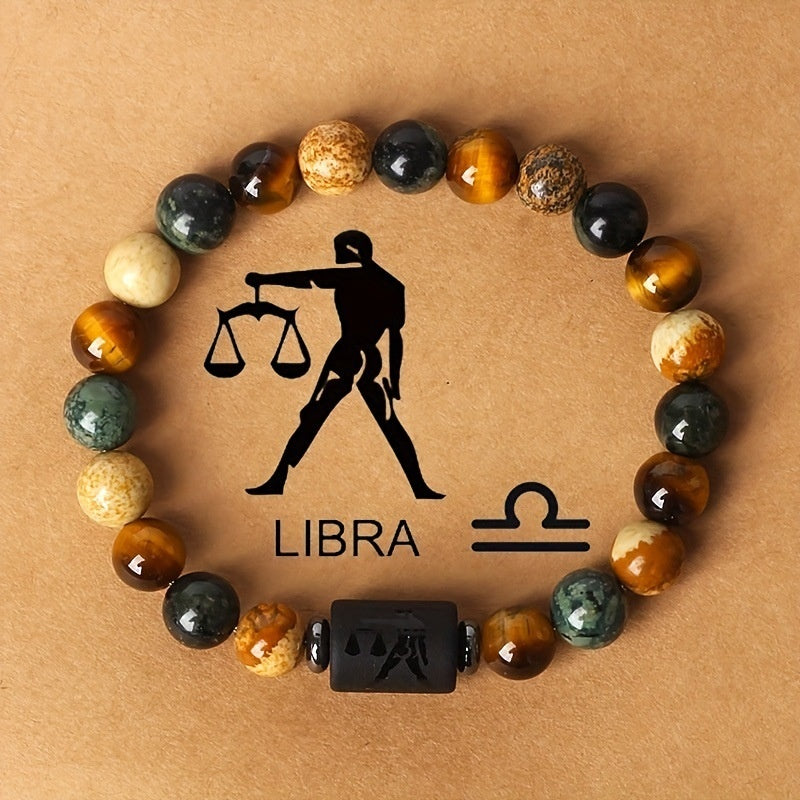 12 Zodiac Natural Stone Bead Bracelet Libra scales with tiger eye and picture jasper beads