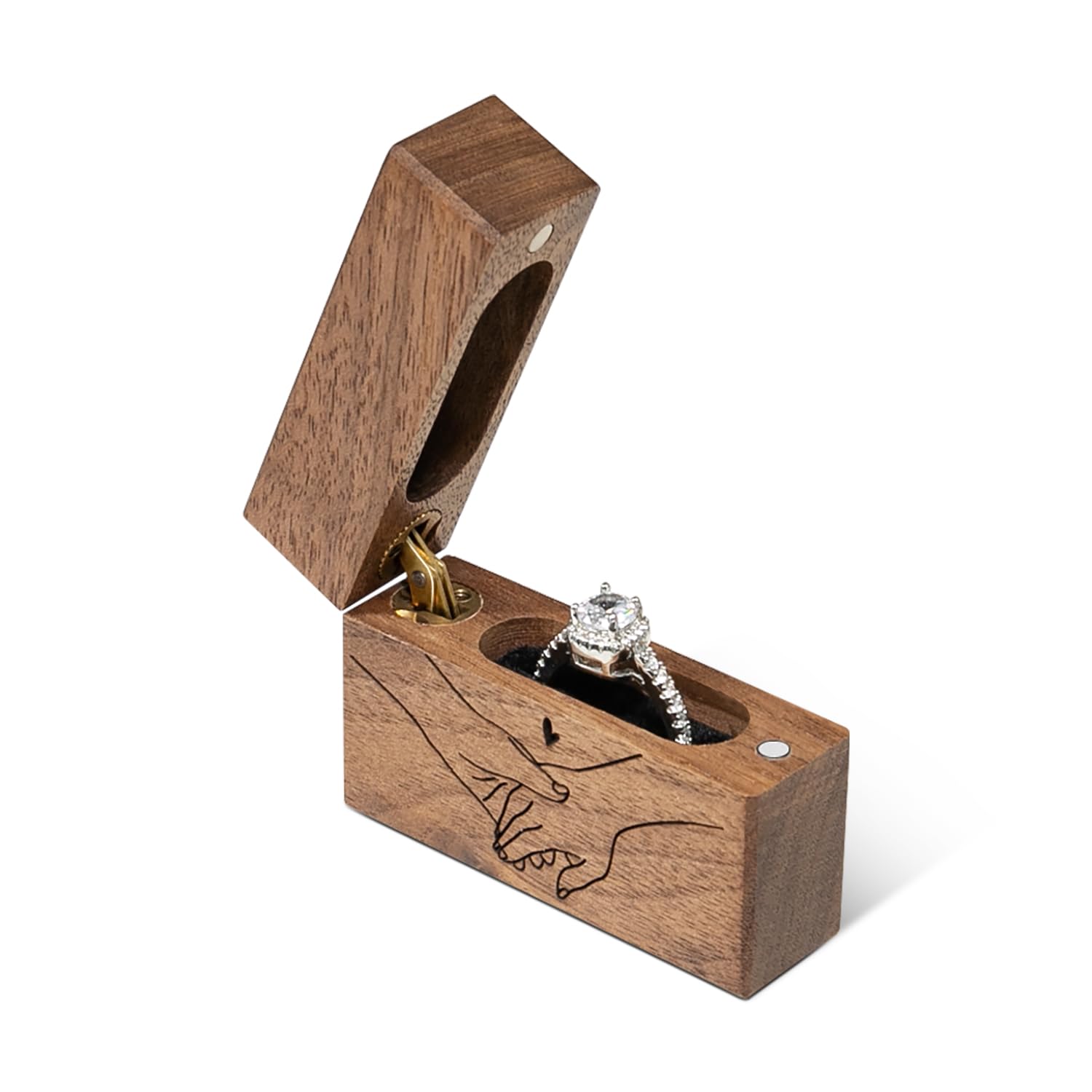 Slim Walnut Wood Ring Box – holding hands line art with heart, symbol of unity and love