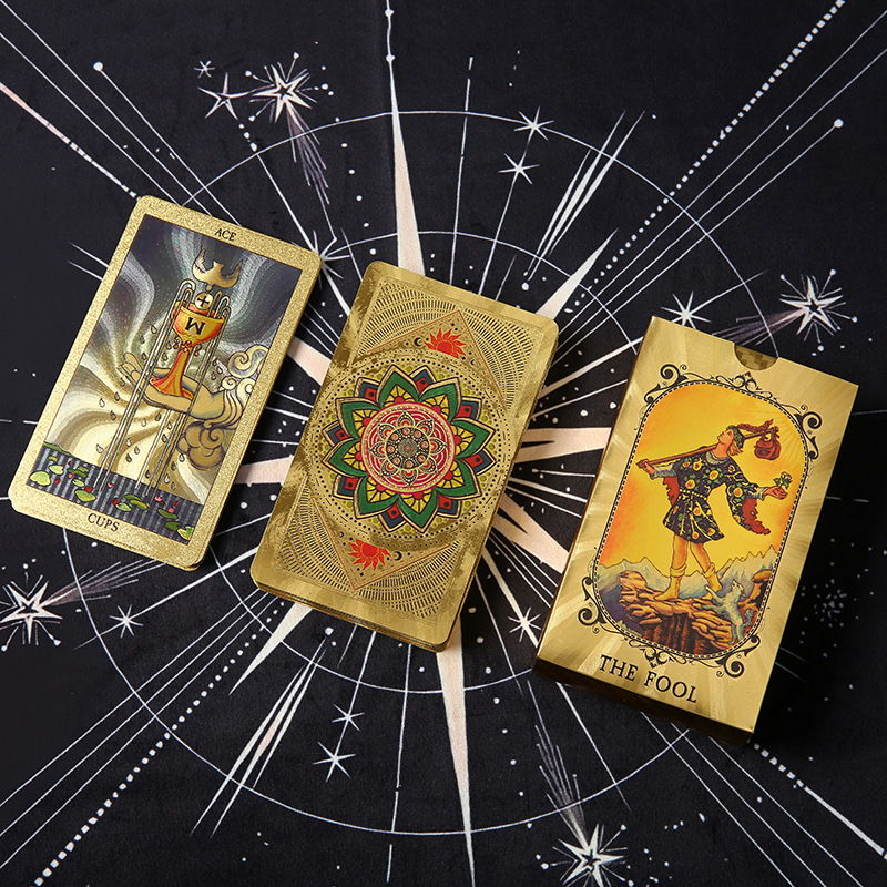 Waterproof Tarot Deck – Ace of Cups with golden chalice, mandala back and The Fool trio display