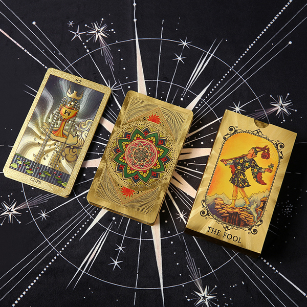 Waterproof Tarot Deck – Ace of Cups with golden chalice, mandala back and The Fool trio display