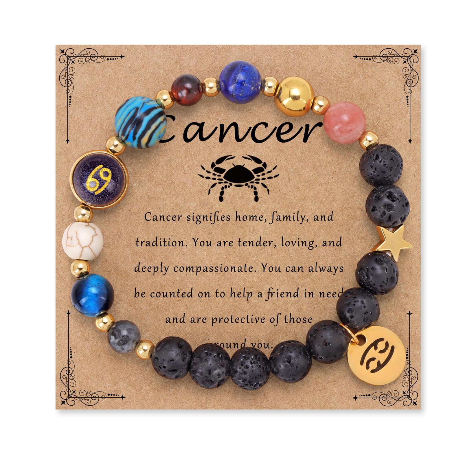 Zodiac Crystal Beaded Bracelet – Cancer with crab charm, healing crystals and lava stones on kraft card