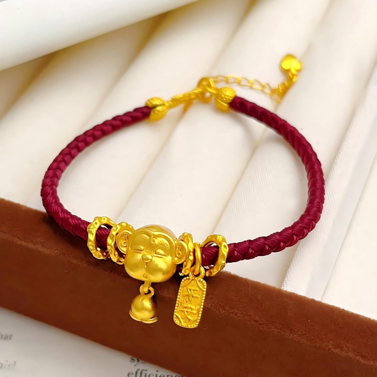 Ben Ming Nian Bracelet – gold monkey charm with peach pendant, playful zodiac, red luck bracelet