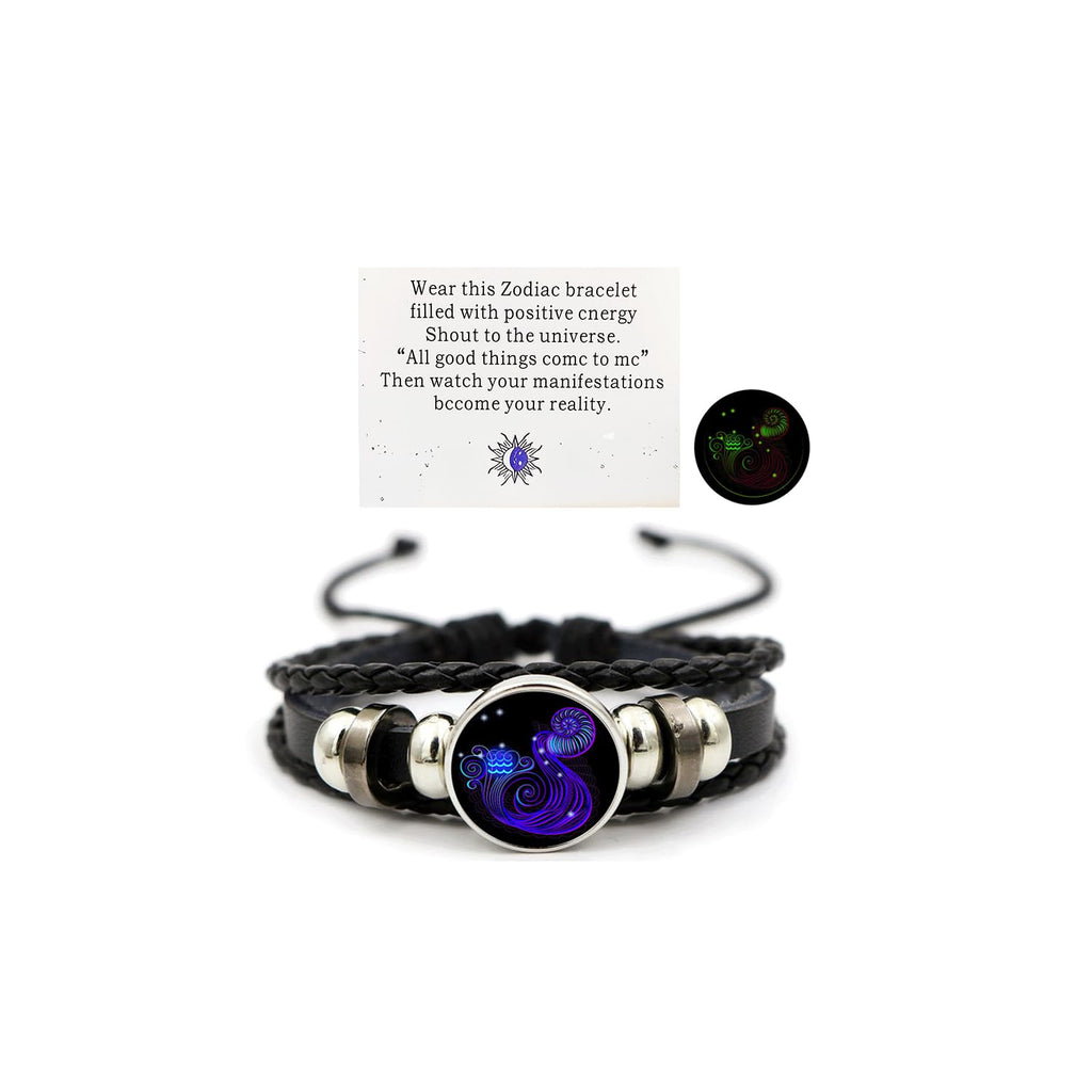Zodiac Leather Wrap Bracelet – Aquarius with water bearer charm and manifestation card, glow feature