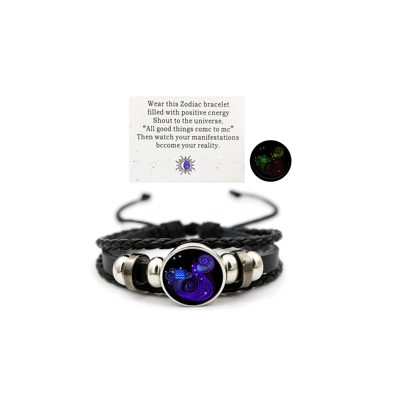 Zodiac Leather Wrap Bracelet – Aquarius with water bearer charm and manifestation card, glow feature