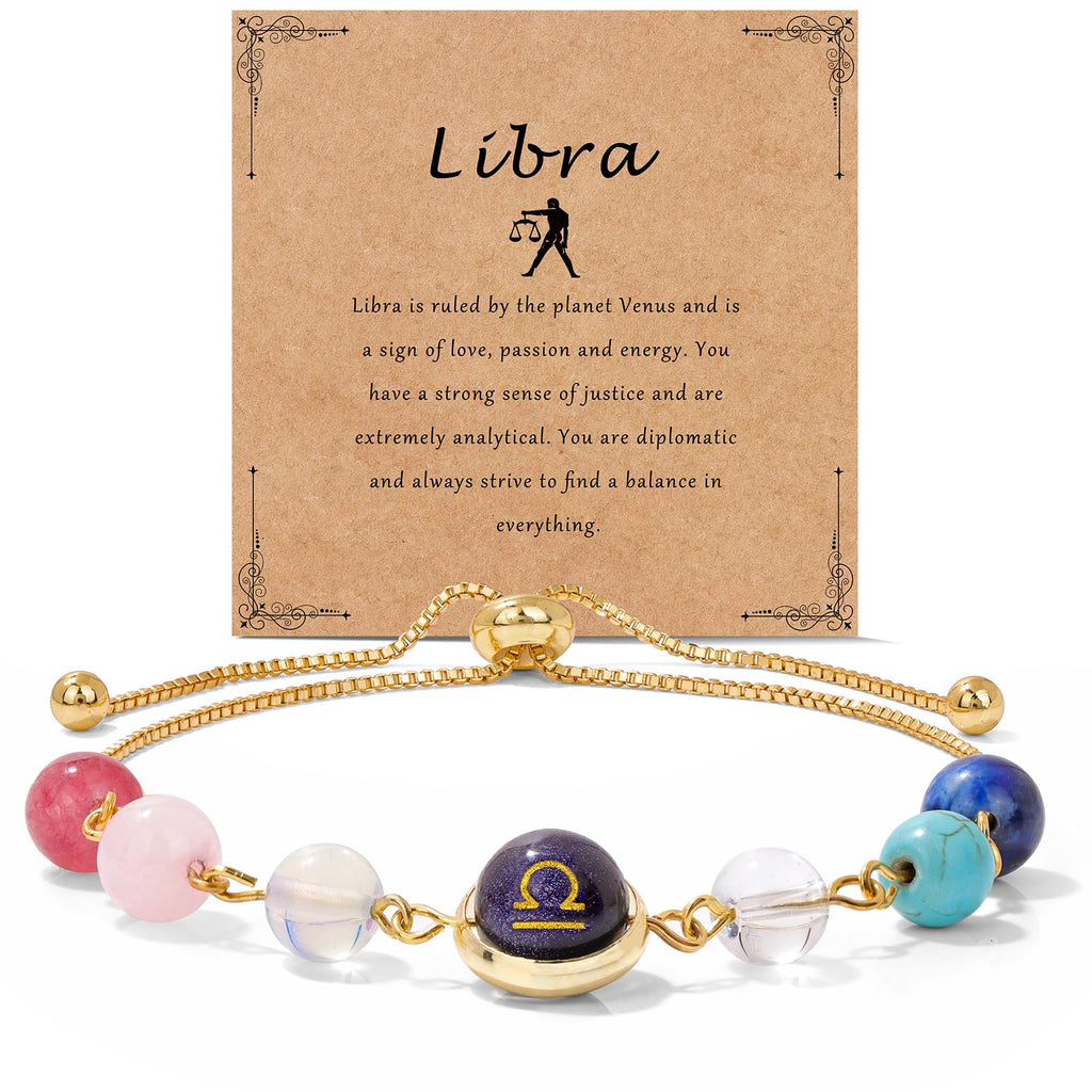 18K Gold Plated Zodiac Stone Bracelet – Libra with scales symbol on kraft card, pink stones