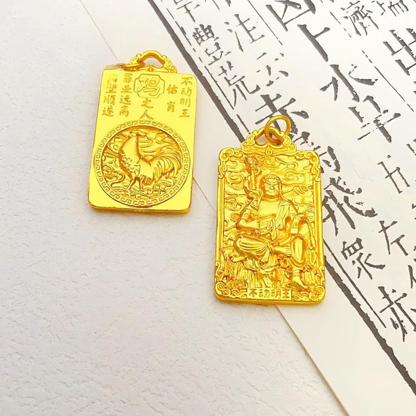Buddha Zodiac Pendant – rooster gold plate with Acala, wrathful protector design