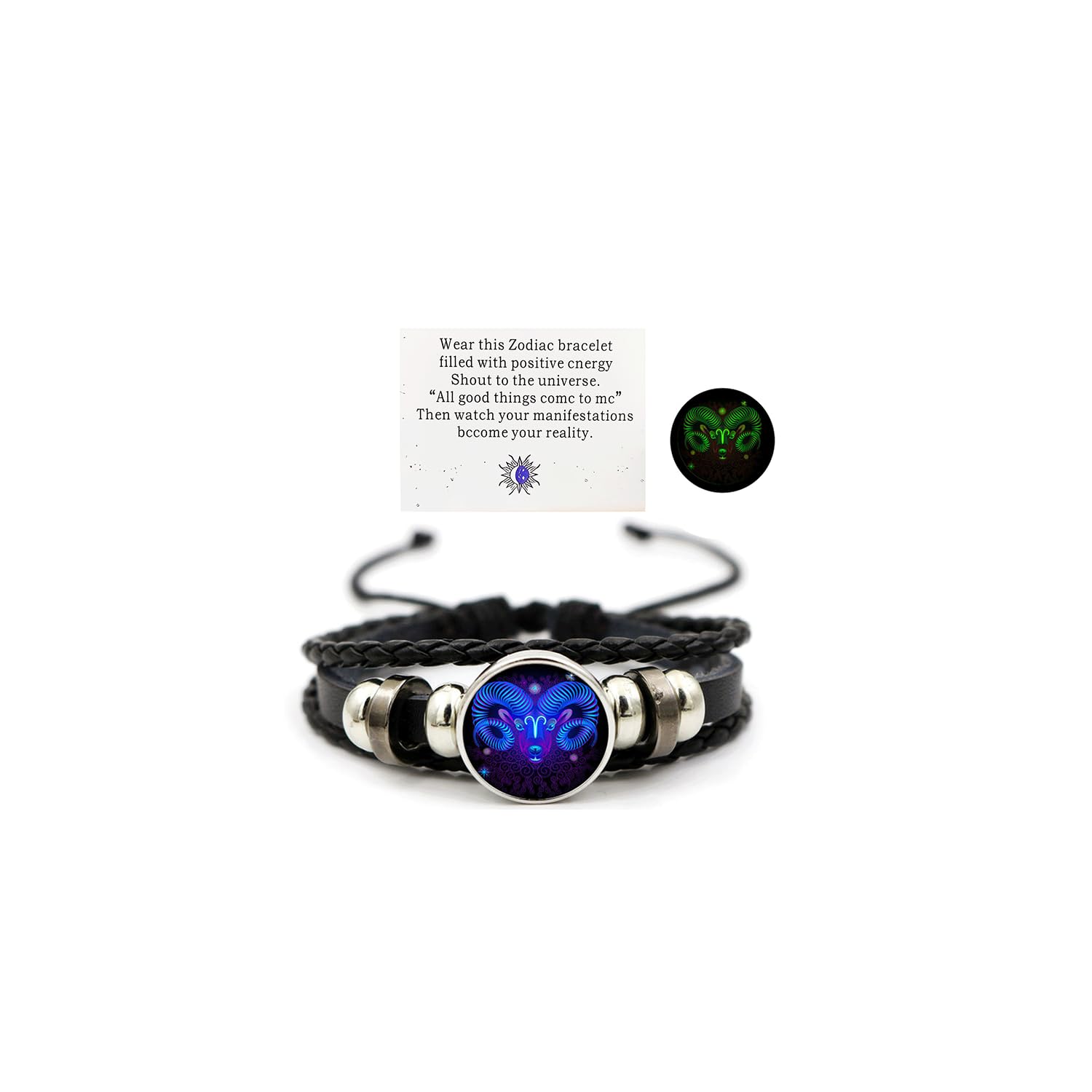 Zodiac Leather Wrap Bracelet – Aries with ram charm and manifestation card, glow feature