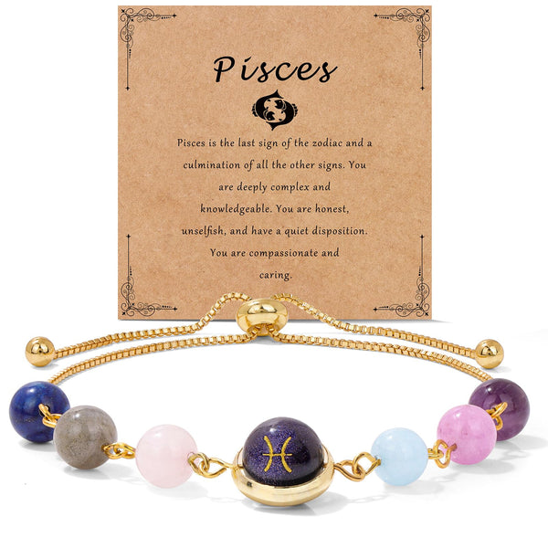 18K Gold Plated Zodiac Stone Bracelet – Pisces with fish symbol on kraft card, aquamarine stones