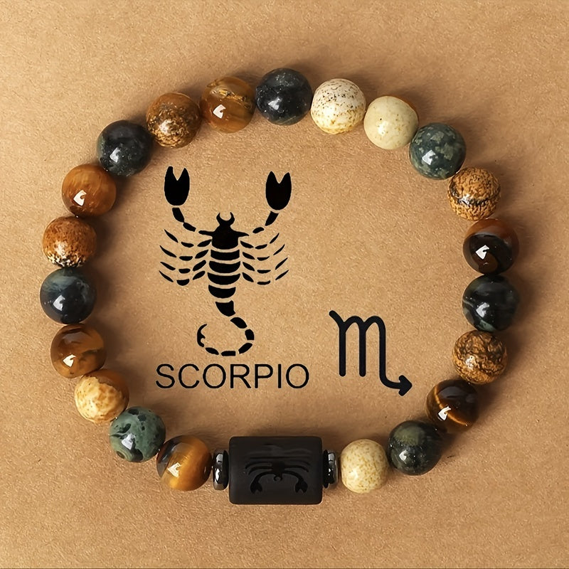 12 Zodiac Natural Stone Bead Bracelet Scorpio scorpion with tiger eye and picture jasper beads