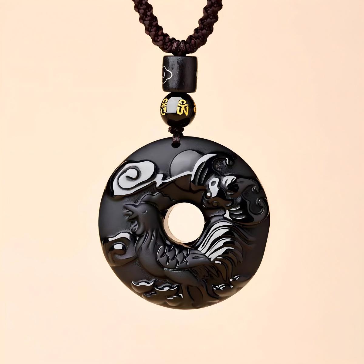 Black Obsidian Necklace – rooster zodiac disc with sun clouds, protection obsidian pendant