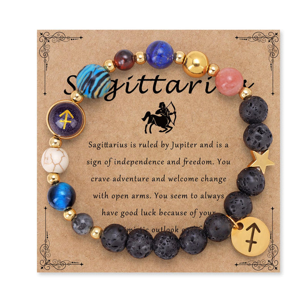 Zodiac Crystal Beaded Bracelet – Sagittarius with archer charm, healing crystals and lava stones