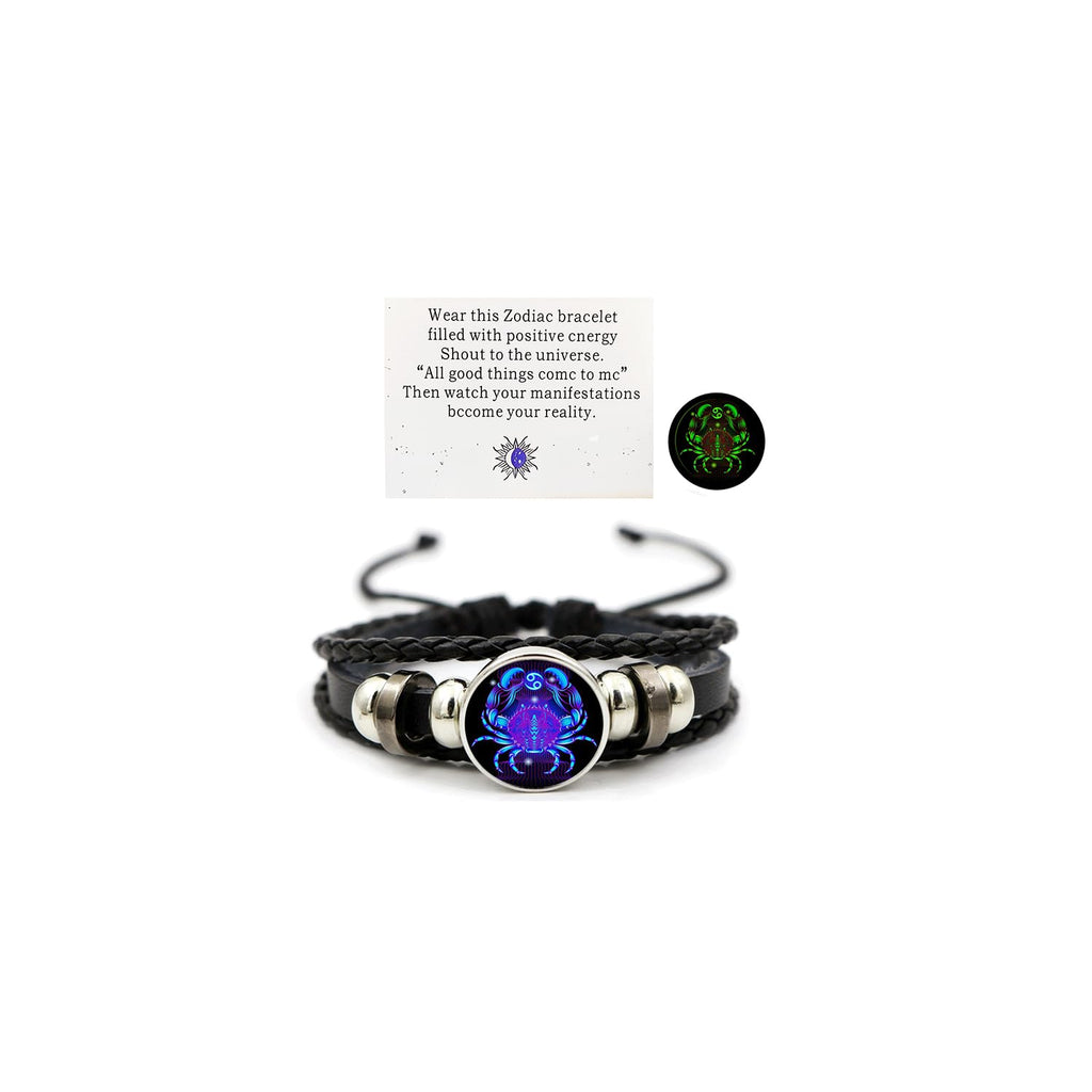 Zodiac Leather Wrap Bracelet – Cancer with crab charm and manifestation card, glow feature