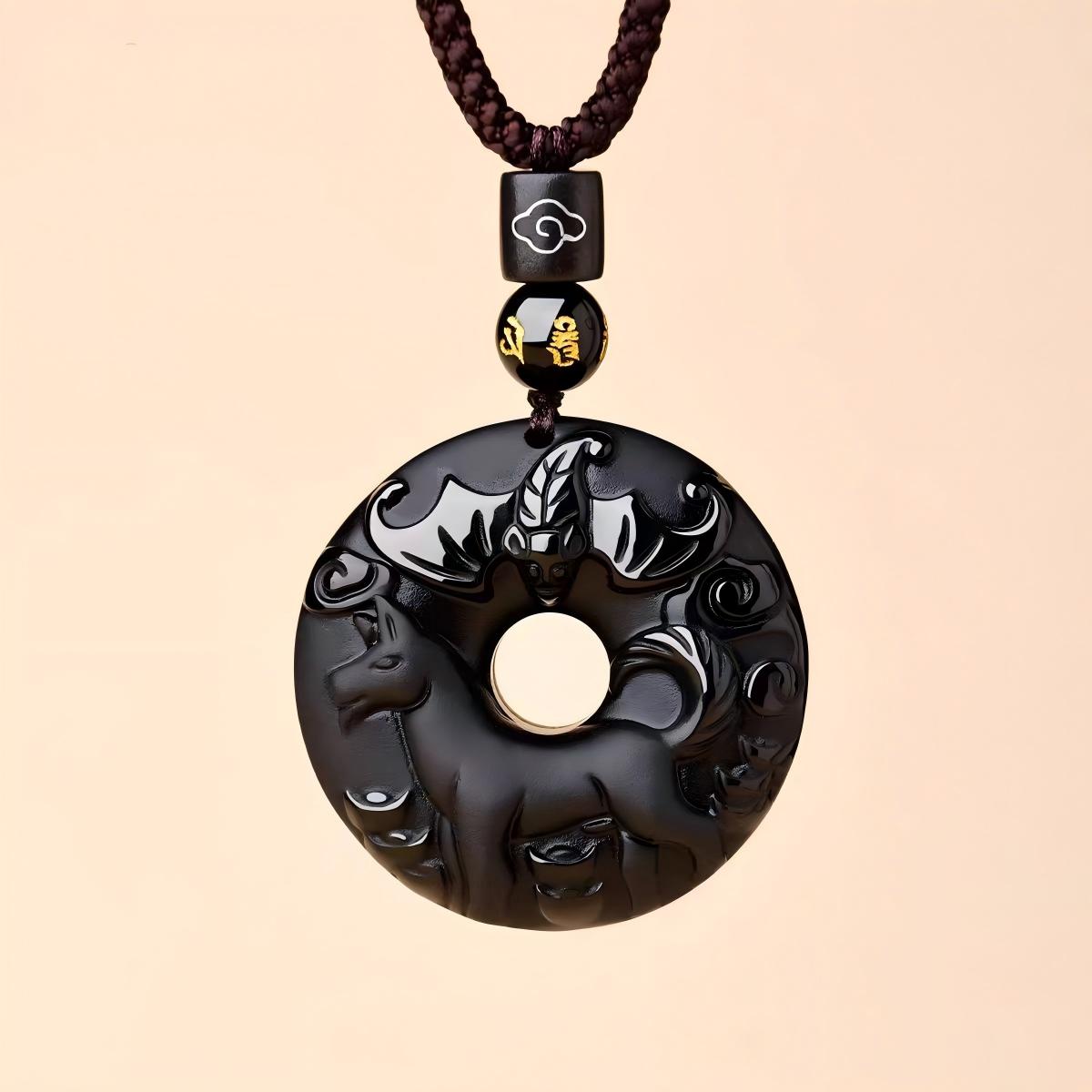 Black Obsidian Necklace – dog zodiac disc with bat cloud, brown cord zodiac necklace
