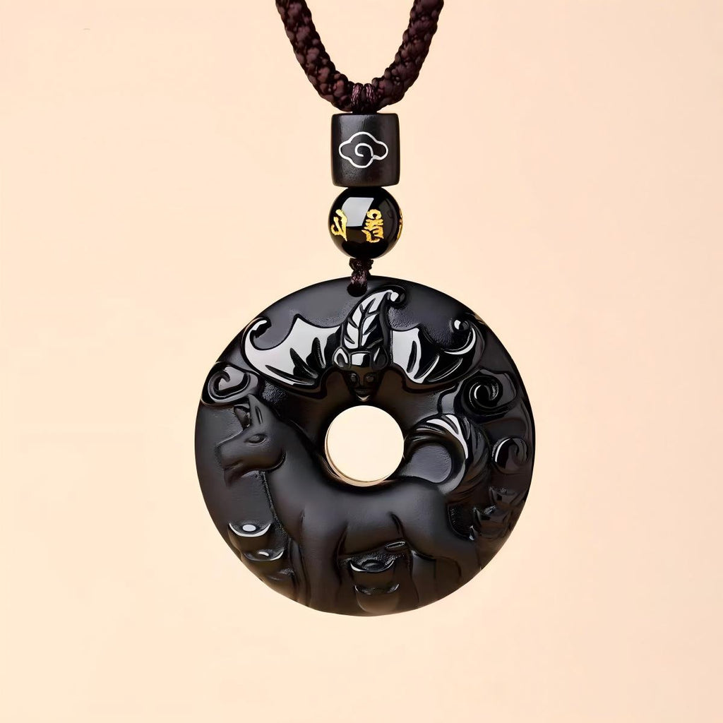 Black Obsidian Necklace – dog zodiac disc with bat cloud, brown cord zodiac necklace